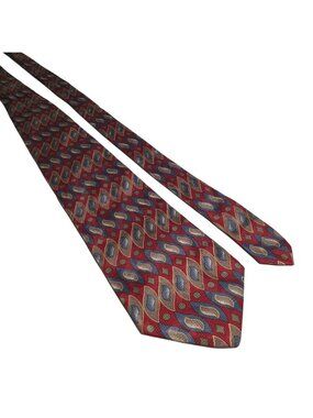 Geoffrey Beene Men Silk Tie Maroon Blue Gold Geometric Pattern Classic Necktie